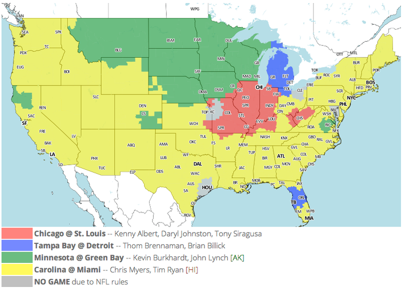 Illustration for article titled Which TV Market's Getting Screwed Today? Your Week 12 NFL Viewing Maps